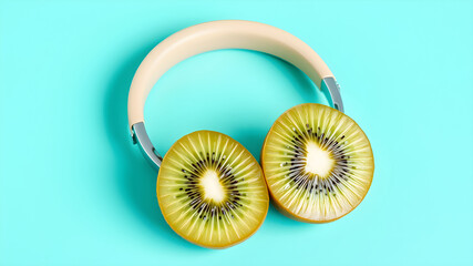 A pair of headphones with a kiwi in each ear