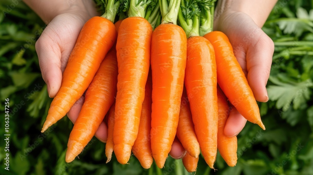 Poster hands holding a bunch of fresh vibrant orange carrots emphasizing their high beta carotene content a
