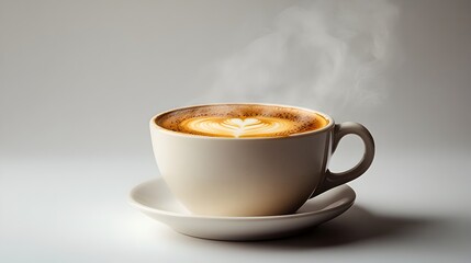 Close up view of a steaming cup of freshly brewed coffee with beautiful latte art design,isolated on a simple white background.