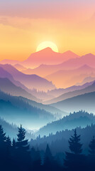 A stunning sunset over layered mountains with silhouetted trees, casting vibrant hues of orange, pink, and purple in the sky.