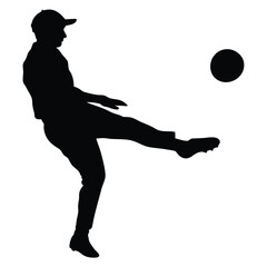 a black silhouette of a person playing soccer. The person is in the middle of kicking the ball