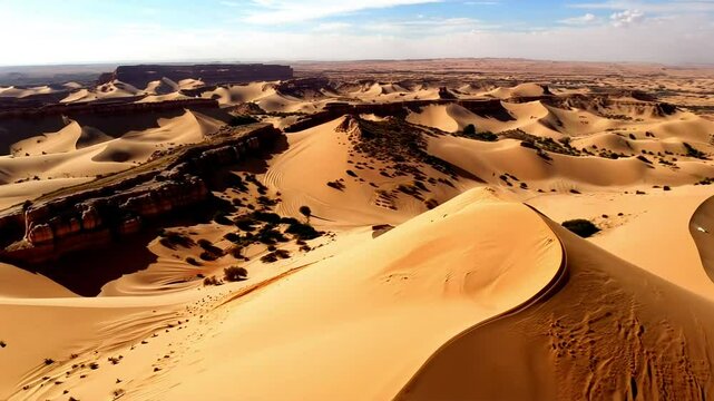 Arid landscape with orange sand dunes changing shape in the wind. The sun is shining on this hot summer day in the sahara desert