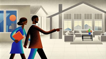 Real estate consultation and home tour illustration with diverse real estate agent