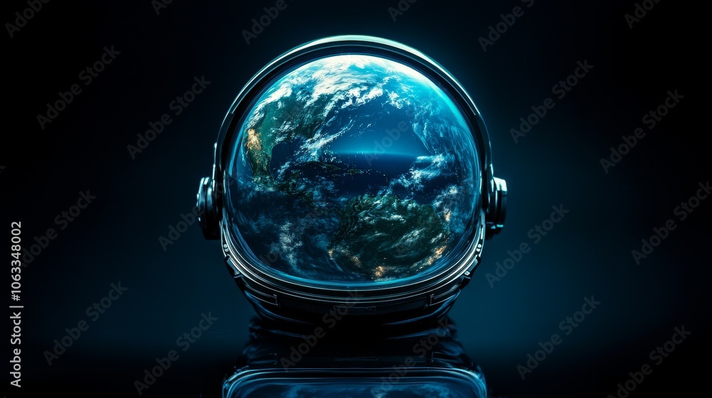 Canvas Prints a minimalistic view of earth reflected in a futuristic astronaut helmet against a dark background