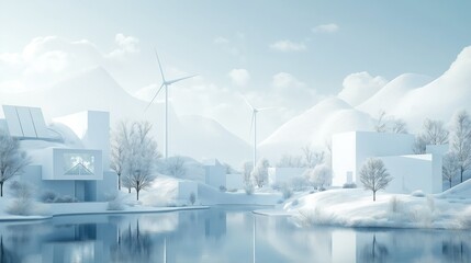 Obraz premium A serene landscape depicting renewable energy concepts with wind turbines, solar panels, and modern architecture in a snowy environment