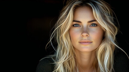 Fototapeta premium A close-up portrait of a young woman with blonde hair and blue eyes. The image is shot against a dark background, highlighting her features.