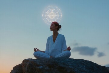 Young woman practicing yoga and meditation outdoors at sunset with a compass symbol above her head