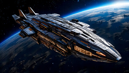Futuristic starship sails through space, wallpaper