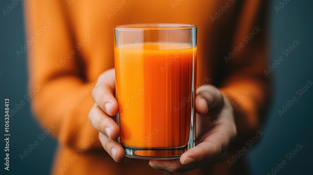Poster closeup of a glass filled with a vibrant beta carotene packed carrot juice bathed in warm sunlight a