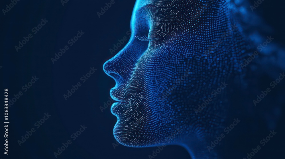 Poster The concept of big data and stocks. The concept of machine learning and cyber mind dominance in the form of a woman's face on a dark blue background, 3D illustration.