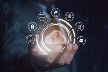 Businessman's hand holding a cloud computing diagram. Data storage networking and internet service. Cloud technology concept