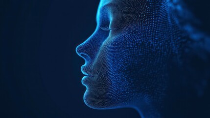The concept of big data and stocks. The concept of machine learning and cyber mind dominance in the form of a woman's face on a dark blue background, 3D illustration.