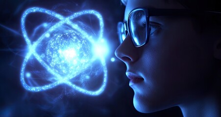 Fototapeta premium A young scientist in glasses is contemplating the structure of an atom, which glows on one side and has numerous connecting lines with other particles
