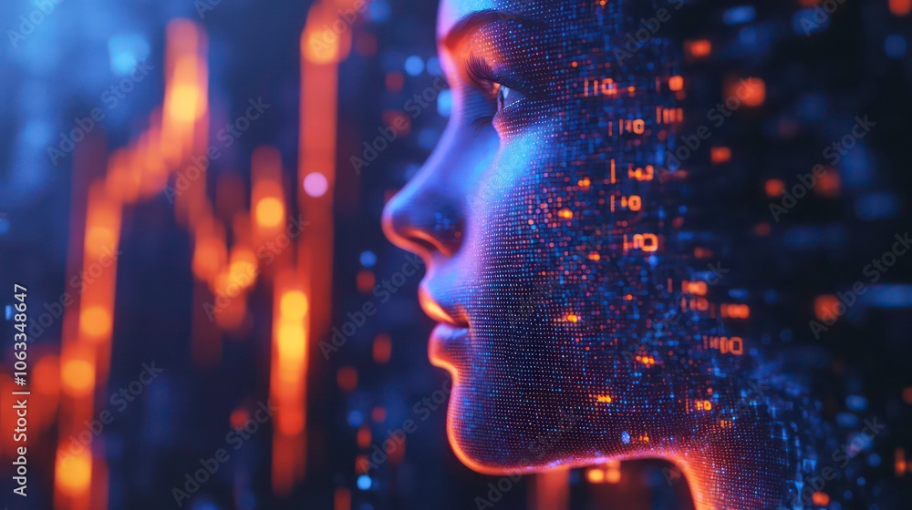 Poster a digital representation of a human face with data patterns, symbolizing technology and ai.
