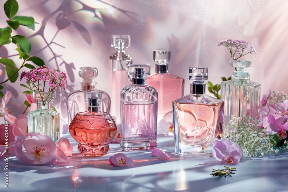 Poster a collection of various perfume bottles displayed on a table, great for use in advertising or produc