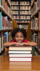 An adorable African American child smiles and gazes into the camera from a library setting where she sits with her chin resting on stacks of books