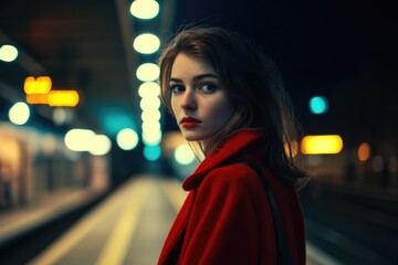 A woman wearing a red coat stands at a train station, ready to depart