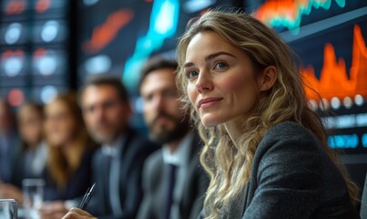 A woman with wavy hair listens attentively during a business meeting focused on analyzing market data and strategies. Colleagues are engaged in discussion, showcasing a collaborative environment.