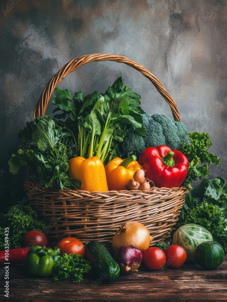 Poster the wicker basket displays an array of colorful vegetables and fruits, showcasing freshness and abun