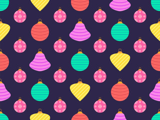 Seamless pattern with Christmas balls. Christmas ornaments, each ornament is decorated with snowflakes and stripes patterns. Xmas design for wrappers, covers, banners and posters. Vector illustration