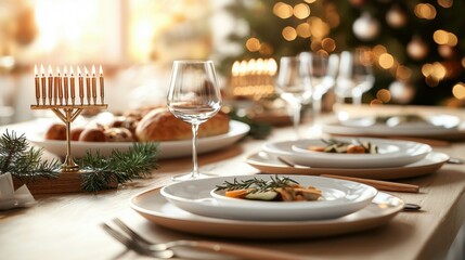 Fototapeta premium Holiday-themed Hanukkah table setting decorations concept. A beautifully set dining table featuring elegant plates and glassware adorned with festive decor ideal for a holiday meal or celebration