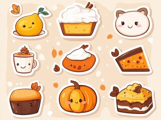 Cute autumn food sticker set with pumpkin pie and desserts