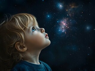 Young Child Gazes Curiously at the Wondrous Night Sky Filled with Stars and Galaxies
