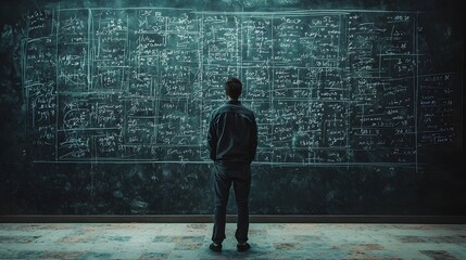 Scientist Contemplating Equations on Mysterious Blackboard Curiosity and Doubt Concept