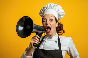 A chef wearing a hat and shouting into a microphone, possibly at an event or demonstration