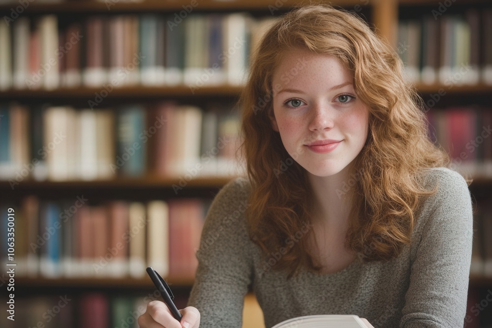 Poster portrait of a beautiful redhead student studying and taking notes in a university library