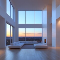 Modern living room with large windows showcasing a sunset view.