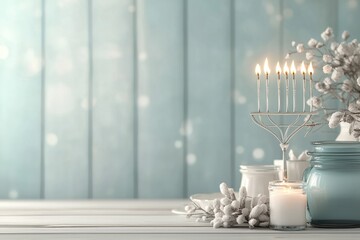 Holiday-themed Hanukkah table setting decorations concept. A serene composition featuring candles a menorah and decorative elements against a light blue wooden backdrop