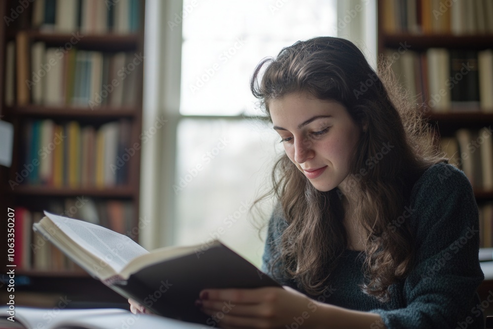 Poster university student reading textbook and making notes in notebook in library