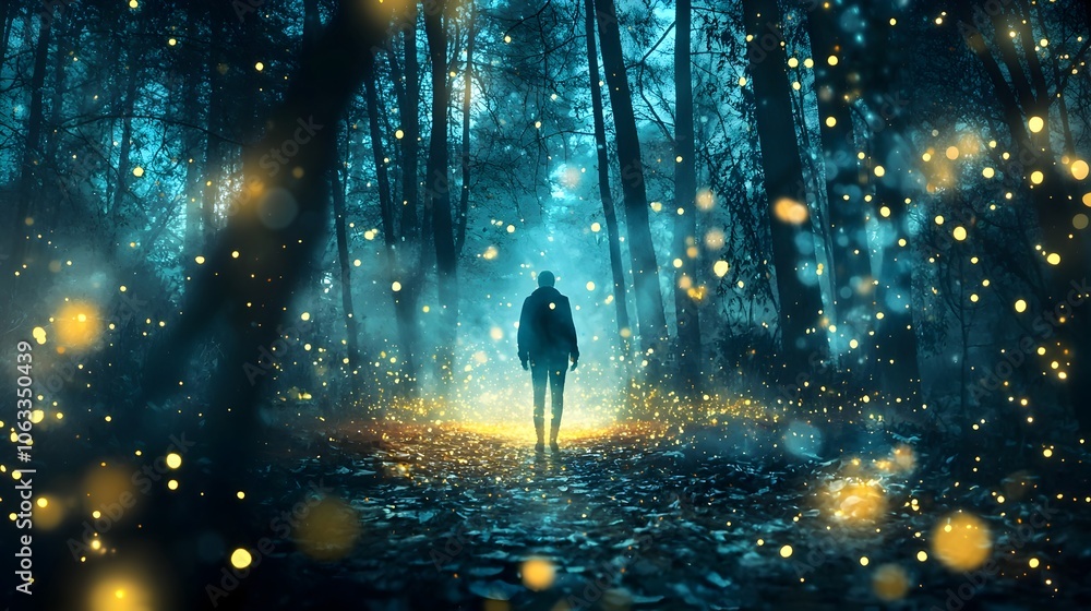 Poster a person standing at the edge of a mysterious glowing forest filled with curiosity but doubting whet