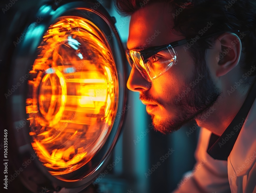 Poster futuristic scientist examining glowing high tech device with curiosity and doubt