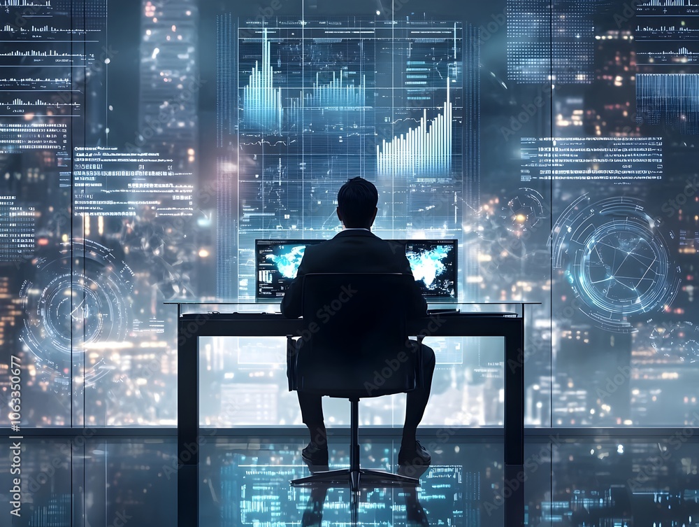 Poster futuristic tech driven business leader surrounded by data visualizations