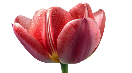 Close-up shot of a stunning red tulip flower in full bloom with vibrant,vivid red petals and lush green leaves,set against a clean,white backdrop. This elegant.