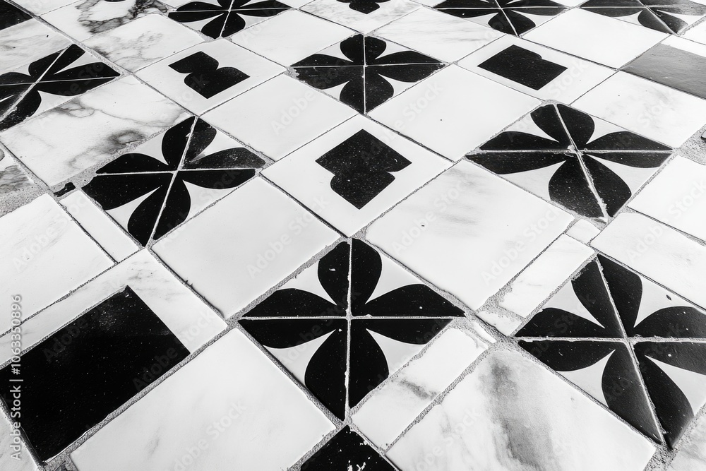 Aufkleber A close-up view of a tiled floor with alternating black and white tiles