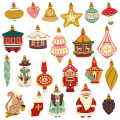 A set of Soviet Christmas tree toys of various objects, animals, and people. Glass toys. Illustration in vintage tones of forest motifs, objects. Festive decor items for decorating the Christmas tree