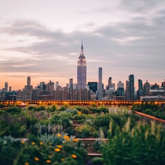 Obraz premium A vibrant rooftop garden with a skyline view at sunset.