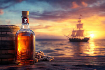 A bottle of old pirate rum on a table on ship floating in the sea. background..