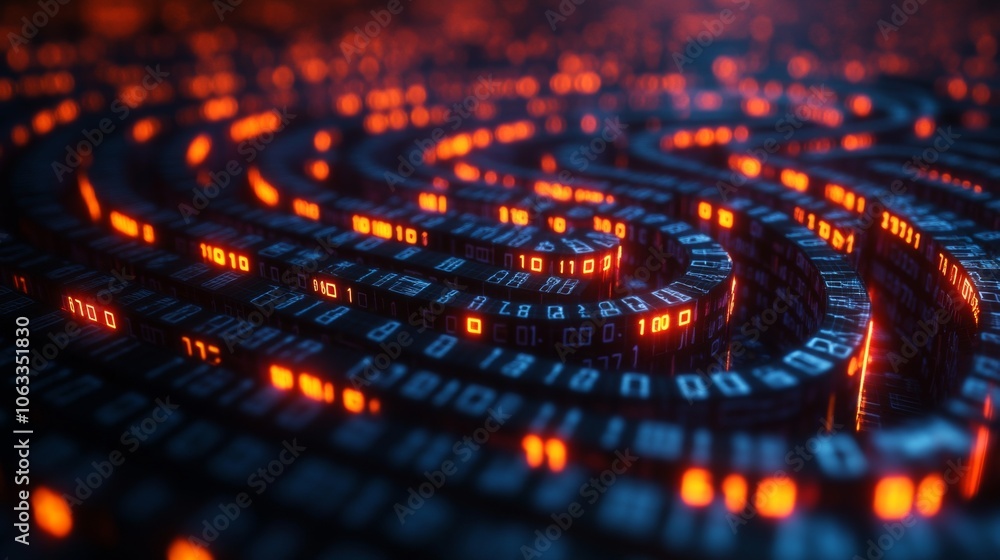 Poster Binary numbers cascade in a mesmerizing flow, creating a vivid digital landscape. The intertwining patterns glow in orange and blue, reminiscent of a dynamic data stream.