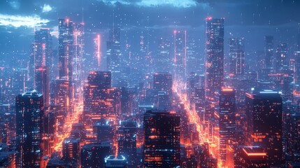 A breathtaking view of a sprawling futuristic cityscape illuminated by vibrant, glowing lights against a backdrop of a moody, rainy night sky.