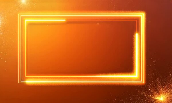 Golden rectangular frame decorated with shining golden lights isolated orange background. Copy paste area to add products and articles. Video.