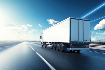 White delivery truck driving on a clean smooth road with network connection, symbolizing efficient logistics and supply chain management