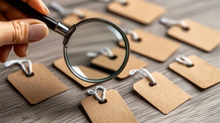 Magnifying glass over brown tags, investigating pricing and labels on a wooden table.