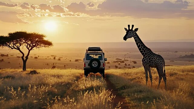 Safari car in Africa. SUV on the savannah road with wild animals at sunset. 