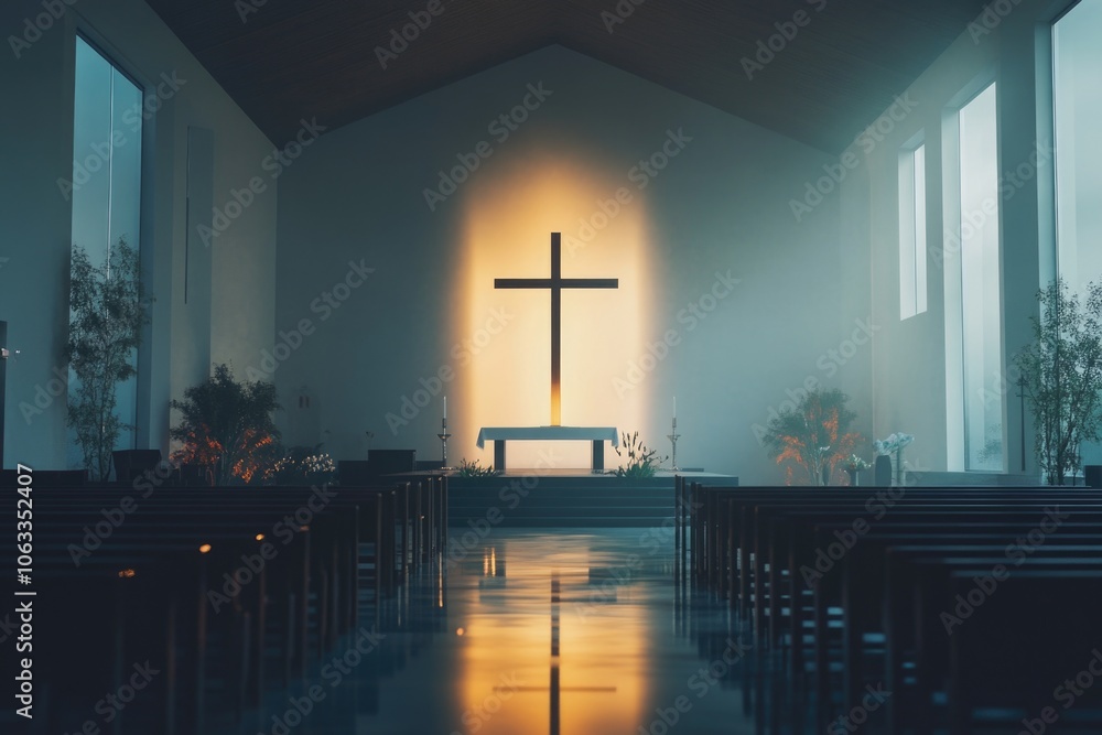 Poster a traditional church building with a large cross in the center, suitable for various uses such as fa