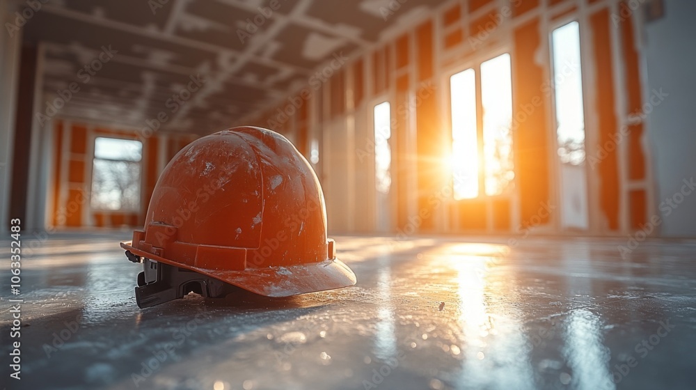 Poster an orange hard hat is placed on the floor of an unfinished construction site as the warm glow of the