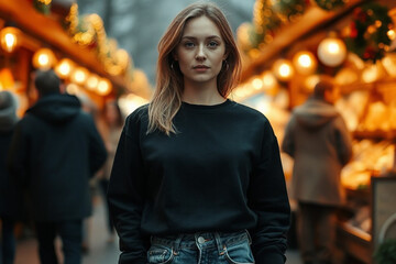 Close-Up of Black Sweatshirt and Jeans on a Male Model with Festive Christmas Ornaments and Lights in the Background